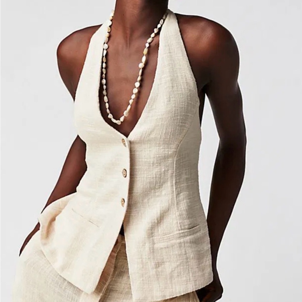 Free People Cream Halter Button-Front Linen Vest